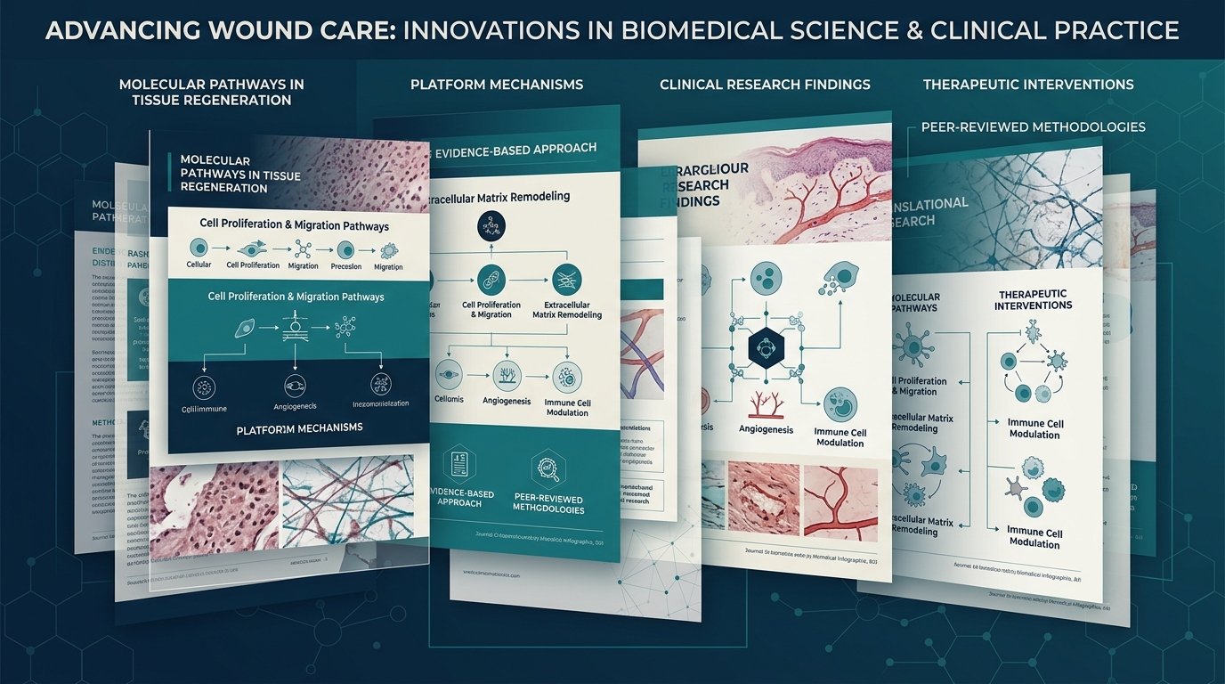 Abstract scientific publication and clinical research monograph layers representing peer-reviewed wound care methodologies