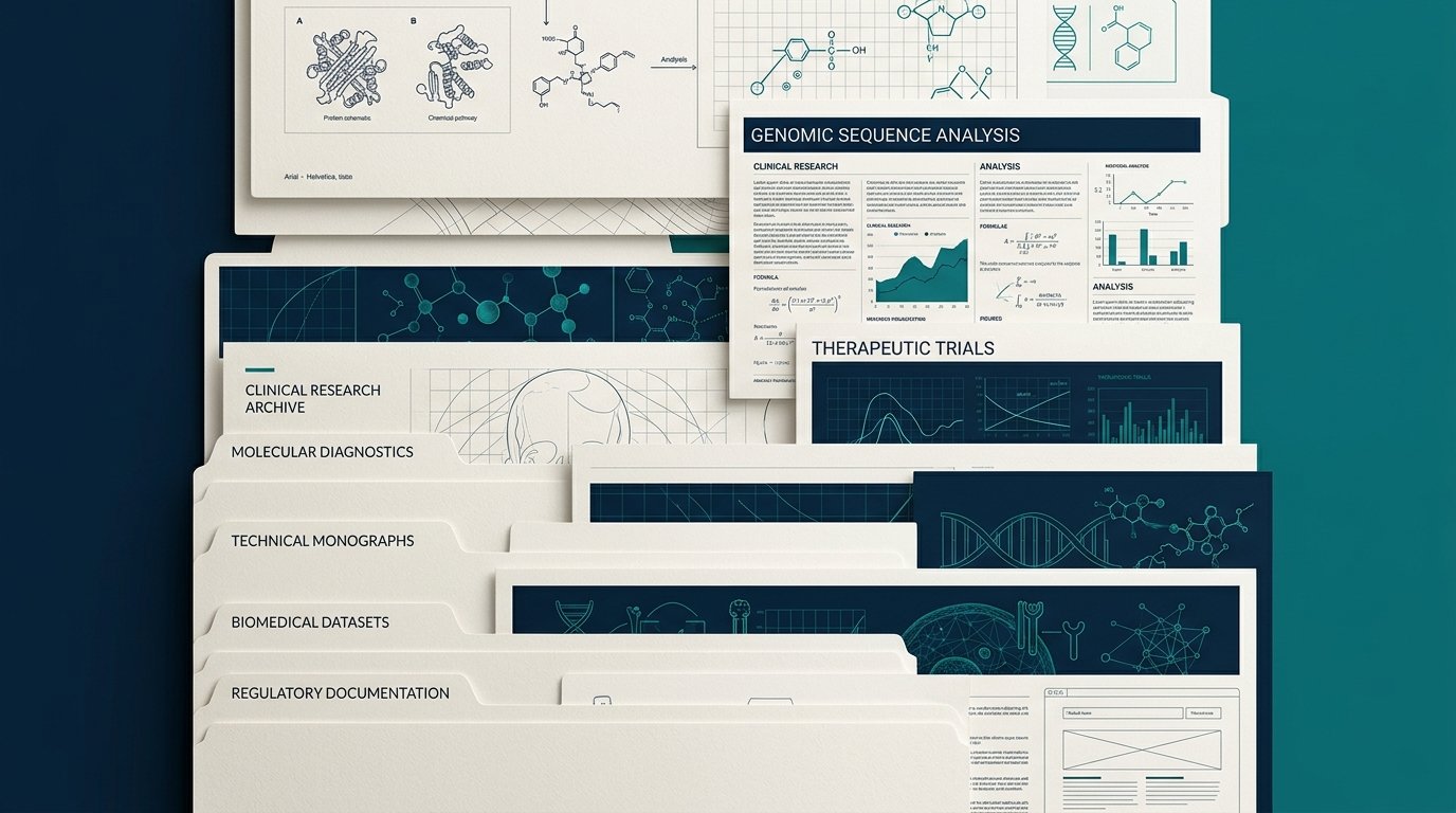 Original abstract biomedical resource library visual with layered clinical sheets, research folders, and technical monograph layers